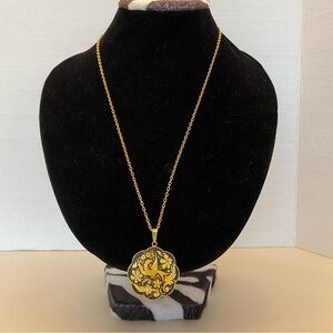 NWOT Gold and black etched bird & floral pendant on gold 11in chain